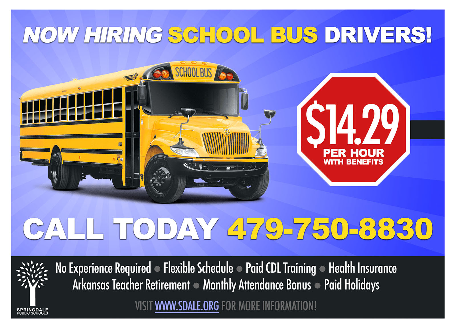 An Info Card promoting open Bus Driver positions at Springdale Schools