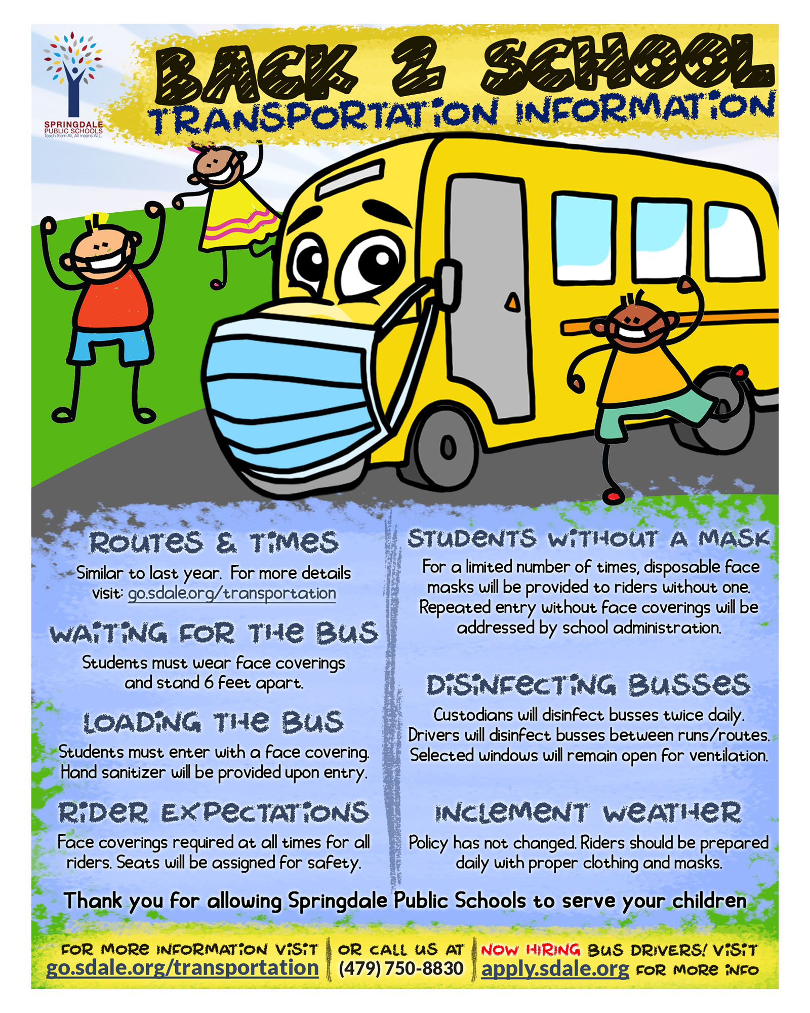 An information poster about transportation for the 2020 school year, the first year where students returned for in-person classes