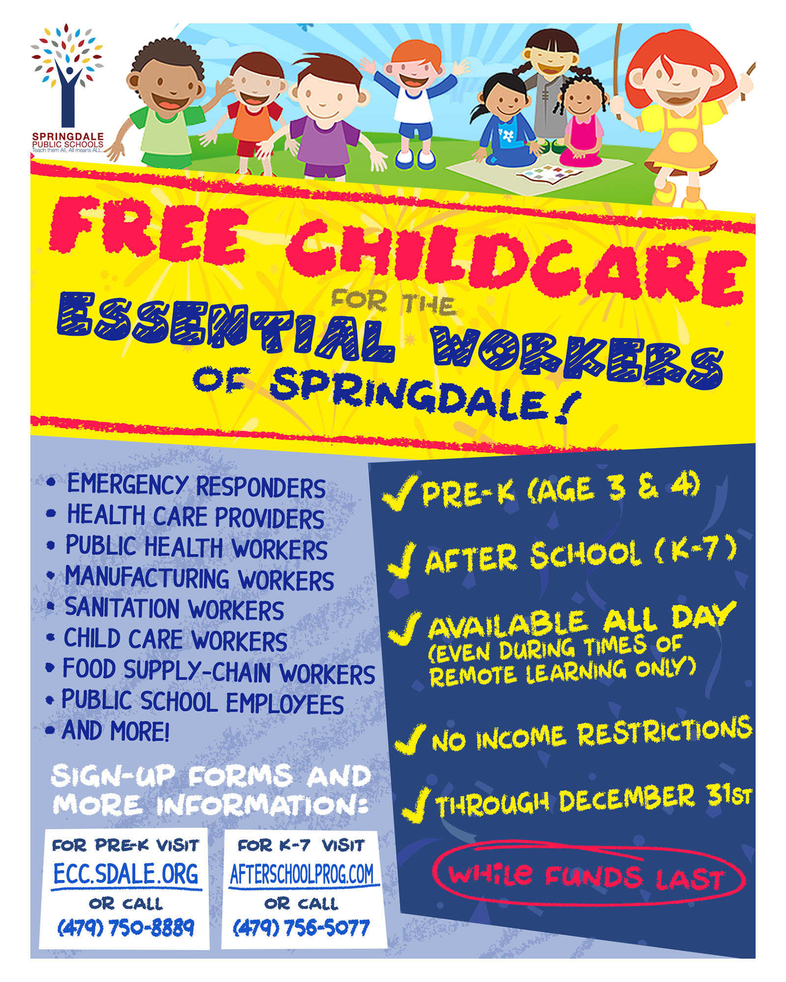 A poster meant to promote a free childcare program during the COVID-19 pandemic