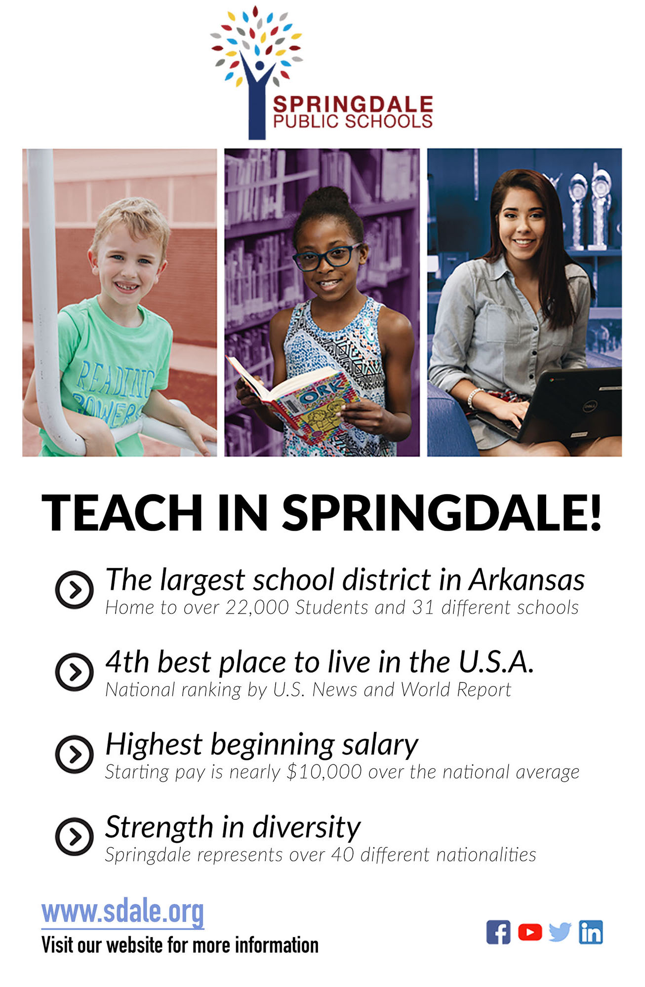 A poster to be printed and displayed at job fairs to recruit teachers and promote diversity