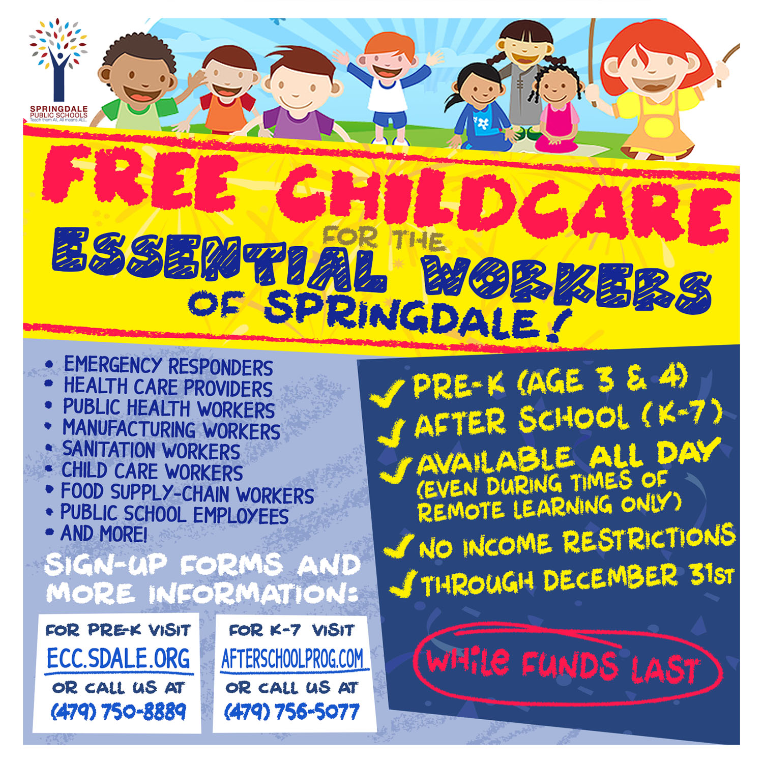 A graphic designed to promote a free childcare program during the COVID-19 pandemic