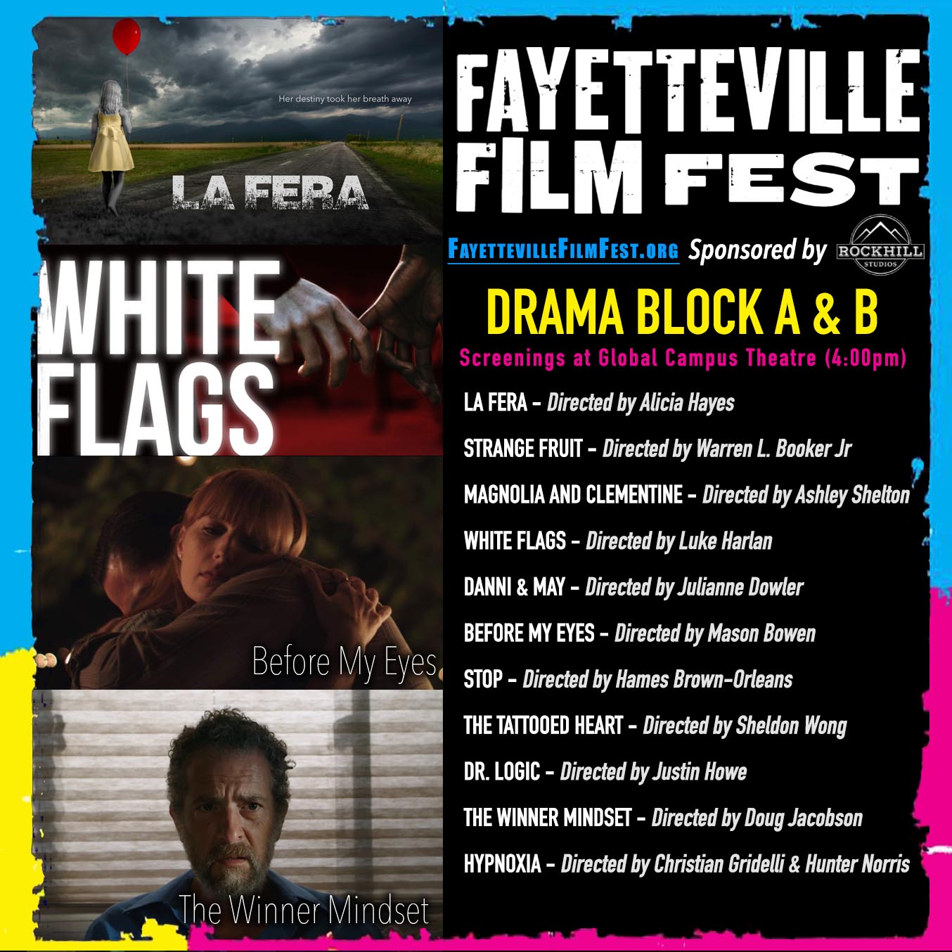 A template for the 2019 Fayetteville Film Fest to share the daily schedule for the festival on various social media platforms