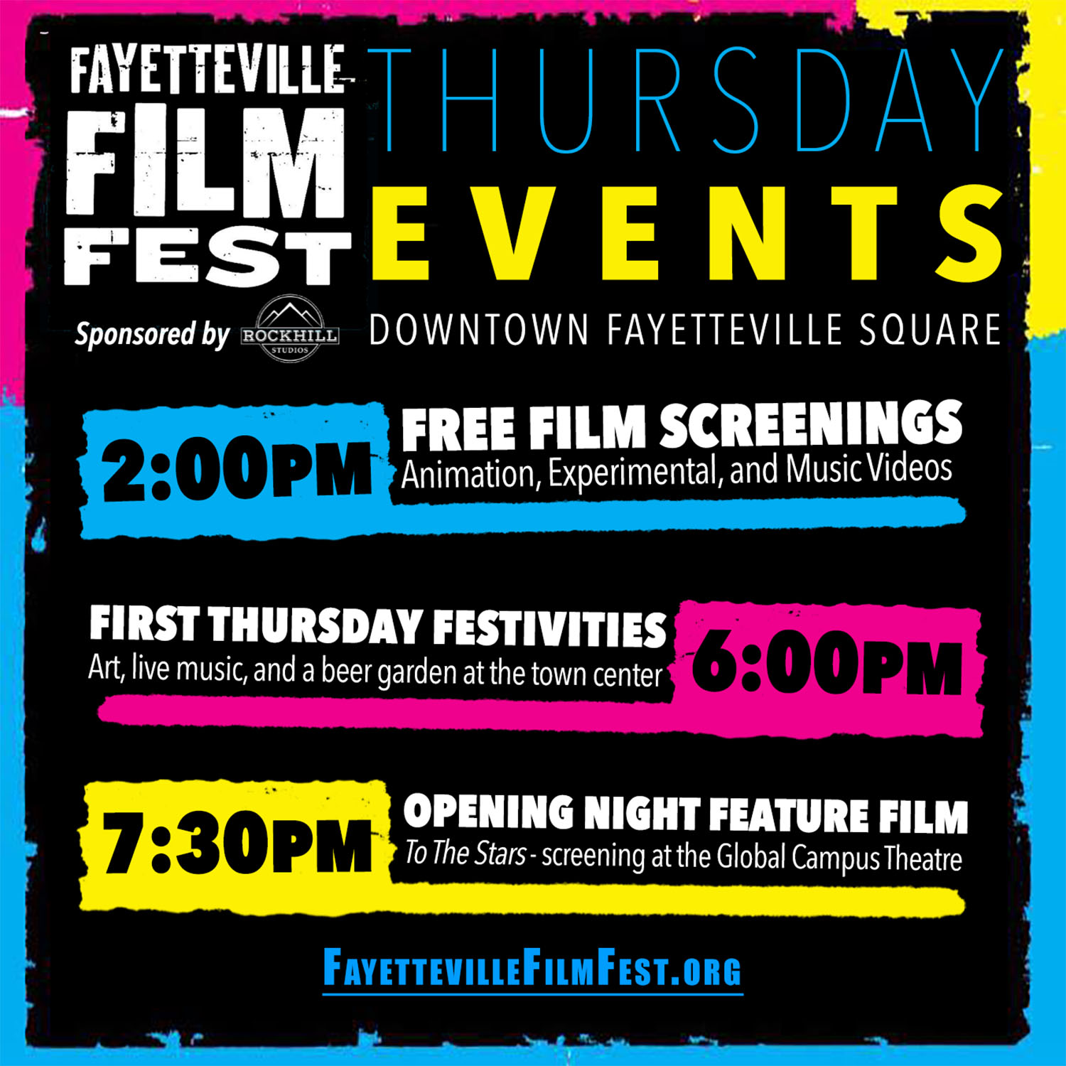 A template for the 2019 Fayetteville Film Fest to share the daily schedule for the festival on various social media platforms