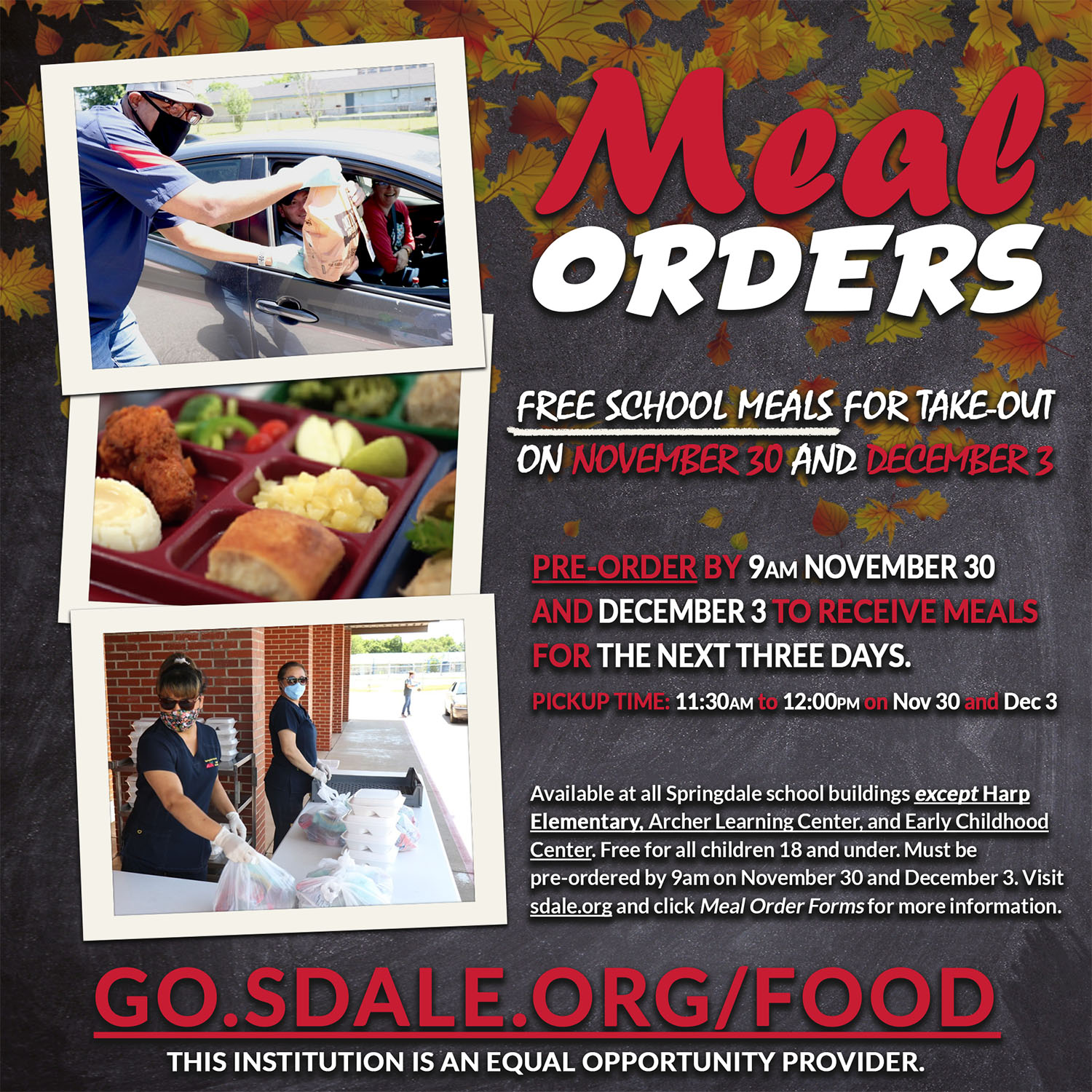 A social media graphic designed to promote the free meal drive-thru service during the at-home classes of the 2019 COVID-19 pandemic